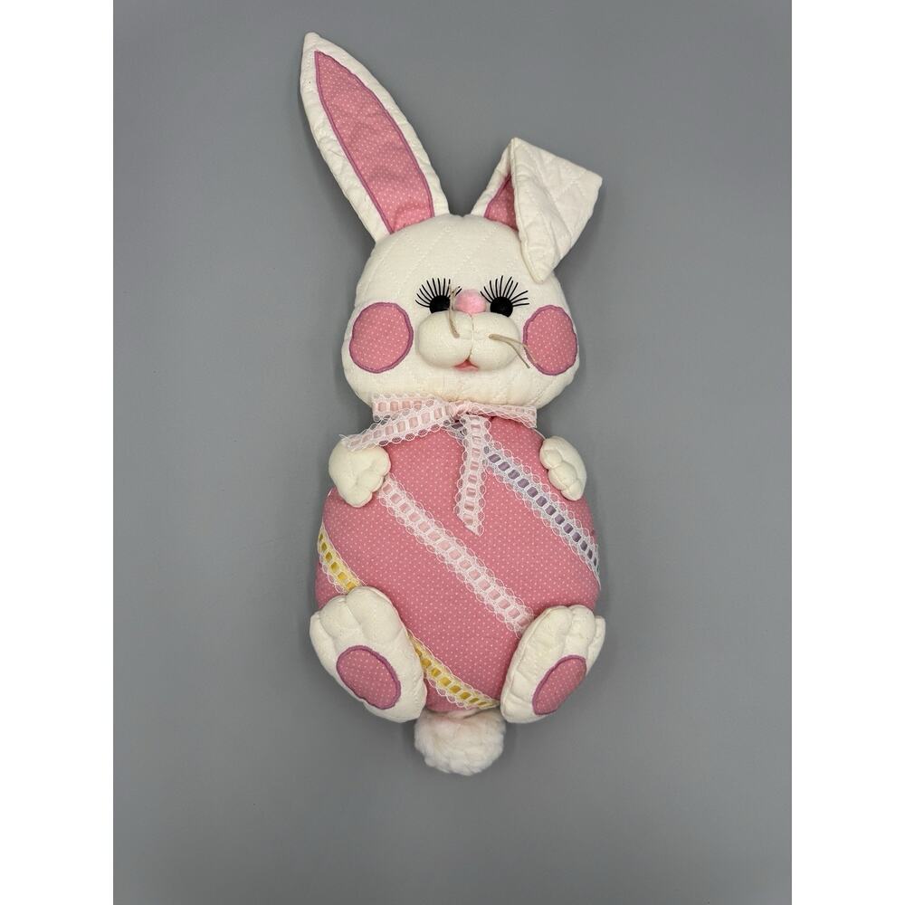 Vintage Pink & White Cloth Bunny Rabbit Plush 10” Stuffed Animal No Tag READ